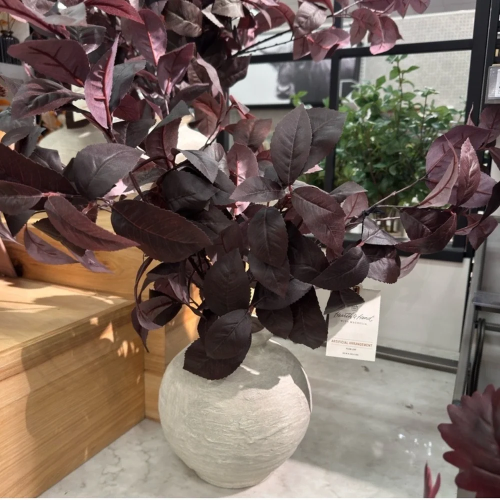 NWT Hearth and Hand Plum Faux Leaf Arrangement in Off white Vase